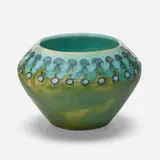 Vase with geometric design by Frederick Hurten Rhead for Arequipa Pottery, 1912, glazed squeezebag-decorated earthenware, sold Sep 2022