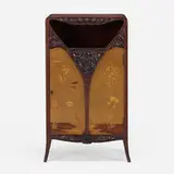 Nénuphars marquetry cabinet by Louis Majorelle, c. 1900, mahogany, satinwood, rosewood, curly maple, mixed wood inlay, sold Sep 2022
