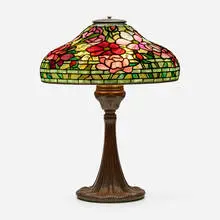 Tiffany Studios, Peony table lamp, c. 1910, leaded glass, patinated bronze