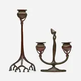 Root candlestick and Fleur-de-Lis candelabrum by Tiffany Studios, c. 1910, patinated bronze, sold Sep 2022