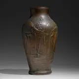 Rare and Monumental Favrile Bronze Pottery vase with broadleaf arrowhead by Tiffany Studios, c. 1910, glazed earthenware, electroplated and patinated copper, sold Sep 2022