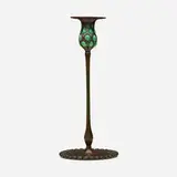Blown-out candlestick, model 1323 by Tiffany Studios, c. 1910, patinated bronze, hand-blown glass, sold Sep 2022