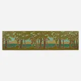 Rare four-tile landscape frieze by Rookwood Pottery, c. 1910, glazed earthenware decorated in cuenca, sold Sep 2022