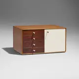 Miniature cabinet, model 5211 by George Nelson & Associates, 1952, rosewood, lacquered wood, porcelain, sold Jun 2025