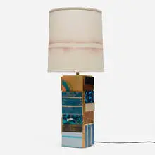 Jason Meadows, Horizontal Striation Scrap Lamp, 2011, painted wood construction, spray paint on linen shade