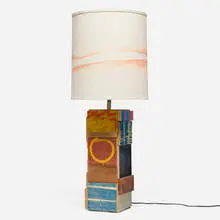 Jason Meadows, Horizontal Striation Scrap Lamp, 2011, painted wood, spray paint on linen shade