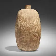 Hobah vessel by Claude Conover, 1973, glazed stoneware with engobe decoration, sold Jun 2025