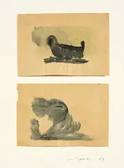 Luc Tuymans, Ohne Titel, 1989, Tuschpinsel, jeweils auf dünnem bräunlichen Papier, auf einen Büttenkarton montiert