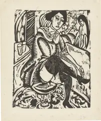 Ernst Ludwig Kirchner, Frau, Schuh zuknöpfend, 1912, Holzschnitt auf dünnem Japan