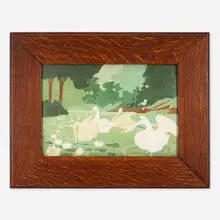 Owens Pottery, Rare and Large tile with swans, c. 1910, glazed earthenware decorated in cuenca