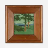 The Pines tile by Addison LeBoutillier for Grueby Faience Company, c. 1906, glazed earthenware decorated in cuenca, sold Sep 2022