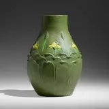 Rare and Large vase with trefoils by Florence Liley for Grueby Faience Company, 1900-1910, glazed earthenware, sold Sep 2022