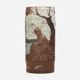 Ernest Chaplet for Haviland & Co., Tall vase with fishing scene, c. 1880, hand-carved, glazed and gilt stoneware