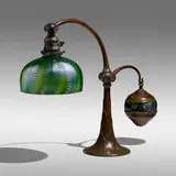Rare Turtleback counterbalance desk lamp by Tiffany Studios, c. 1910, patinated bronze, Favrile glass, sold Sep 2022