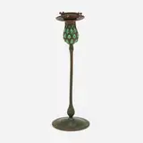 Candlestick, model 1324 by Tiffany Studios, c. 1910, patinated bronze, hand blown glass, sold Sep 2022