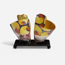 Untitled by Bennett Bean, c. 1996, painted and gilded earthenware, lacquered wood base, sold May 2022