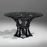 Albert Paley, Meridian table, 2015, forged, formed and fabricated steel with natural patina, glass