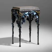 Presentation table by Albert Paley, 2011, forged, fabricated, and polychromed steel, stainless steel, granite, sold May 2022