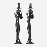 Albert Paley, Cloaked Nuance candleholders, pair, 2019, forged and fabricated steel with a blackened finish, fixed brass bobeches (collars)
