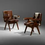 Committee armchairs from Chandigarh, pair by Pierre Jeanneret, c. 1953-54, teak, cowhide, sold May 2022