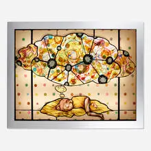 Judith Schaechter, Donkey Ducky Dream, 2003, sandblasted, engraved, and enameled stained glass, copper foil, paint, aluminum lightbox