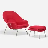 Womb chair and ottoman by Eero Saarinen, wool upholstery, chrome-plated steel, sold May 2022