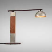 Swing-arm table lamp by Garry Knox Bennett, 2013, walnut, nickel-plated brass, laminate, bronze, sold Jun 2025