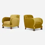 attribution Märta Blomstedt, Lounge chairs, pair, c. 1940, carved walnut, mohair upholstery