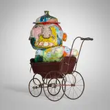 Michael Lucero, Anthromorphic Jug Form, c. 1993, glazed and hand-painted earthenware, repurposed baby carriage