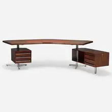 Executive desk, model T96 by Osvaldo Borsani, 1956, rosewood, chrome-plated steel, aluminum, vinyl, sold Jun 2025