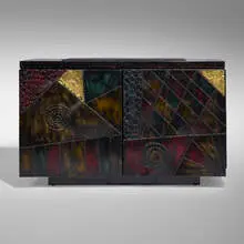 Cabinet, model PE 40A by Paul Evans, 1975, welded, polychromed, and patinated steel, slate, sold Jun 2025