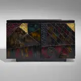 Cabinet, model PE 40A by Paul Evans, 1975, welded, polychromed, and patinated steel, slate, sold Jun 2025