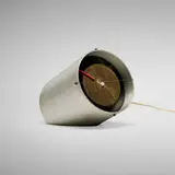 Clocknik table clock, model 2270B by George Nelson & Associates, 1959, stainless steel, brass, lacquered aluminum, steel wire, sold Jun 2025