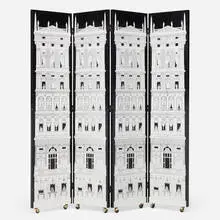 Grattacieli rinascimentali folding screen by Piero Fornasetti, lithographic-transfer printed lacquered wood, brass, sold Jun 2025