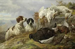 Rca Charles Jones, Two pointers with dead game in a highland landscape, oil on canvas