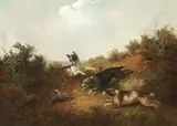 Thomas Smythe, Three dogs chasing a rabbit down a hole; Digging out a warren path, a pair, oil on canvas