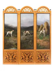 George Earl, A set of three portraits of the champion pointers: Hamlet, 1868; Bang, 1876; Drake, 1875, oil on canvas, the three works held in a Viscount Linley designed screen