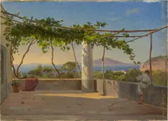 Anders Christian Lunde, Blick von Sorrent auf den Vesuv. 1840er Jahre, Öl auf Papier auf Holz