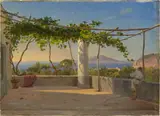 Anders Christian Lunde, Blick von Sorrent auf den Vesuv. 1840er Jahre, Öl auf Papier auf Holz