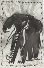Pierre Alechinsky, Ohne Titel (Elefant), 1988, Tusche auf bläulichem Bütten