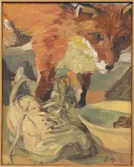 Ohne Titel (Fuchs und Turnschuh) by Johannes Grützke, 2003, Öl auf Leinwand, sold Nov 2025