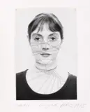 Annegret Soltau, Selbst 4“ / „Selbst 5“ / „Selbst 6, 1975, 3 Blatt: Jeweils S/W-Fotografie mit schwarzem Garn übernäht