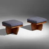 Greenrock ottomans, pair by George Nakashima, 1987, American black walnut, upholstery, sold May 2022