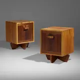 Kornblut cabinets, pair by Mira Nakashima, 1998, butternut, figured American black walnut, curly maple, sold May 2022
