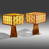 Asa-No-Ha table lamps, pair by Mira Nakashima, 1999, curly maple, laurel, fiberglass, sold May 2022