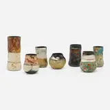 Bennett Bean, Collection of seven vessels, c. 1980, pit-fired and hand-painted earthenware