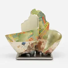Pair on Base #1104 by Bennett Bean, 2004, pit-fired, hand-painted, and gilt earthenware, enameled MDF base, sold May 2022