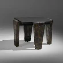 Occasional table by Paul Evans, 1977, welded and painted steel, slate, sold May 2022
