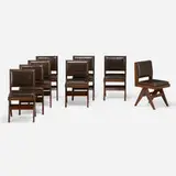 Upholstered dining chairs from Punjab University, Chandigarh, set of eight by Pierre Jeanneret, c. 1958-59, teak, leather, sold May 2022