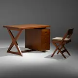 Desk and chair from the Administrative Buildings, Chandigarh by Pierre Jeanneret, c. 1959-60, teak, cane, upholstery, sold May 2022